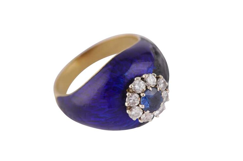 A SAPPHIRE AND DIAMOND RING WITH ROYAL BLUE ENAMEL