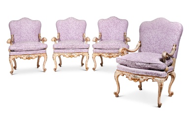A SET OF FOUR ITALIAN CREAM, POLYCHROME AND GILT DECORATED OPEN ARMCHAIRS