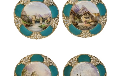A SET OF FOUR WORCESTER PORCELAIN TOPOGRAPHICAL CABINET PLAT...