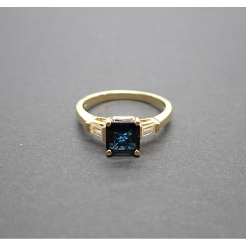 A Sapphire and Diamond three stone Ring corner claw-set step...