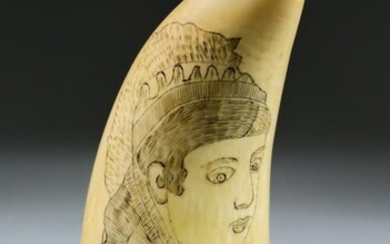 A Scrimshaw Whale's Tooth, 19th Century, worked with the...