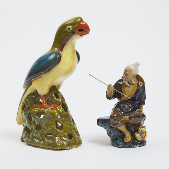 A Shiwan Pottery Figure of a Fisherman, Together With a Polychrome Glazed Parrot, Early to Mid 20th Century