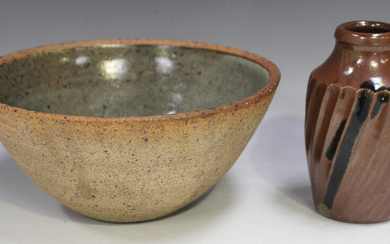 A St Ives Leach studio pottery bowl, the interior decorated with a celadon glaze, impressed mark to