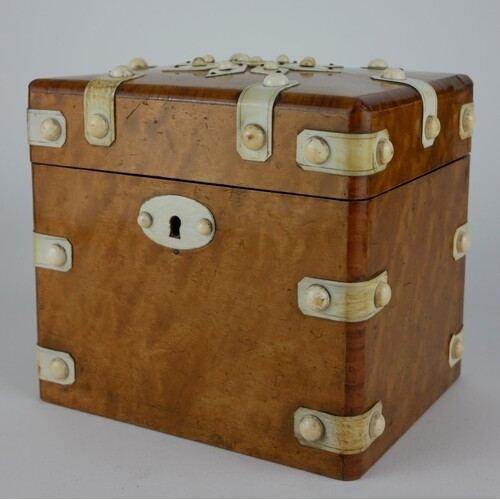 A VICTORIAN MAPLE AND IVORY RECTANGULAR CADDY BOX With appli...