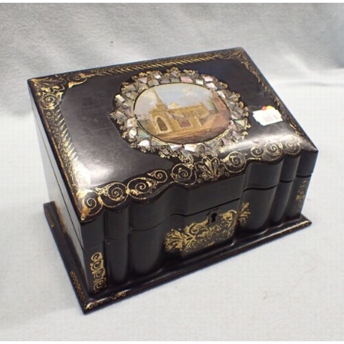 A VICTORIAN PAPIER MACHE AND SHELL INLAID STATIONERY BOX wit...