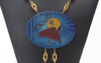 A VINTAGE NECKLACE WITH LARGE HAND PAINTED PLAQUES AND TASSELS IN THE JAPANESE STYLE