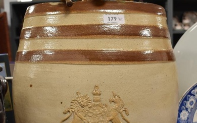 A Victorian Doulton and Watts glazed stoneware spirit barrel, having Royal cipher with lion and
