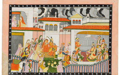 A WEDDING SCENE IN A PALACE INTERIOR, KANGRA, PUNJAB HILLS, NORTH INDIA, CIRCA 1840-50