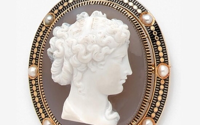 A cameo, natural pearl and enamelled 18K yellow gold brooch, circa 1860 The thick two-layer agate cameo represents a woman in prof...