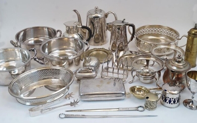 A collection of silver plated ware, to include: a Harrods jug with wooden handle, 14cm high; a Harrods jug with worn leather handle, 16cm high; a Ronson Queen Anne silver plated cigarette lighter, c.1970; two meat skewers; a hot water pot; two...