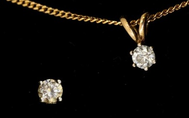 A diamond and 9ct gold pendant and earrings, the pendant...