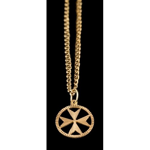 A gold coloured Maltese cross pendant: on a fancy link neckl...