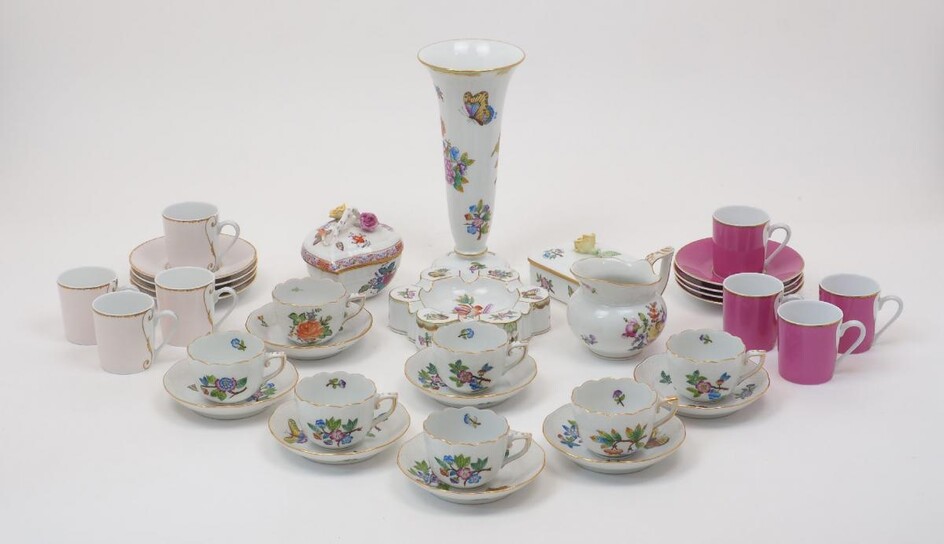 A group of Herend porcelain, 20th Century, to include six Queen Victoria VA pattern coffee cans with six saucers, each with ozier border to gilt rim, the cans 6.8cm diameter, with a similarly designed Small Bunch of Roses PBR pattern coffee can and...