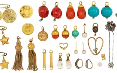 A group of jewellery, comprising: two diamond set suspension loops and a diamond set flower pendant to a fine chain; three pairs of coral drops; four star charms, two disc charms, and two tassel pendants, approximate gross weight 14.5g; a pair of...