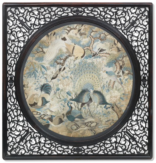 A hardwood screen with silk embroidered panel of birds