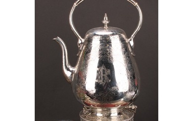 A large Victorian silver tea kettle, stand and burner, brigh...