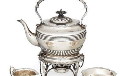 A late Victorian silver hot water kettle and stand, Sheffield, c.1898, Henry Stratford, of half-lobed oval form with reeded banding to body and fixed wooden handle, the stand complete with burner, hallmarked 1899, same city and maker, 29.5cm high...