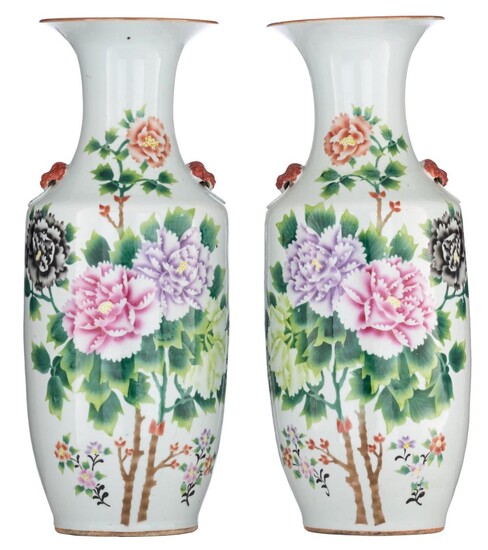 A pair of Chinese famille rose vases, paired with Fu lion head handles, with signed texts, Republic period, H 58 cm