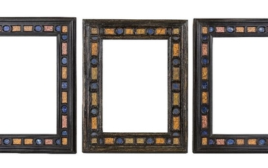 A pair of Florentine ebony, hardstone and specimen marble frames, late 19th century, 36 x 28cm; together with a similar ebonised frame, 35 x 27.5cm (3)