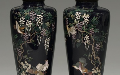 A pair of Japanese cloisonne enamel vases, Meiji period, ena...