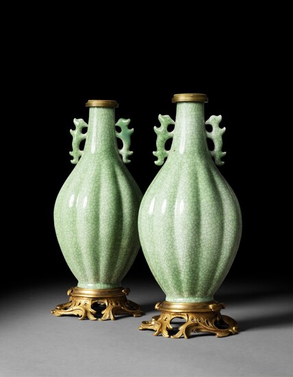 A pair of Louis-XV style gilt-bronze mounted celadon porcelain vases | Paire de vases en porcelaine céladon et monture en bronze doré de style Louis XV
