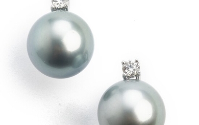 NOT SOLD. A pair of Tahiti pearl and diamond ear pendants set with a cultured...