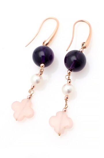 A pair of amethyst, pearl and rose quartz ear pendants each set with an amethyst, a cultured fresh water pearl, rose quartz, mounted in 18k rose gold. (2)