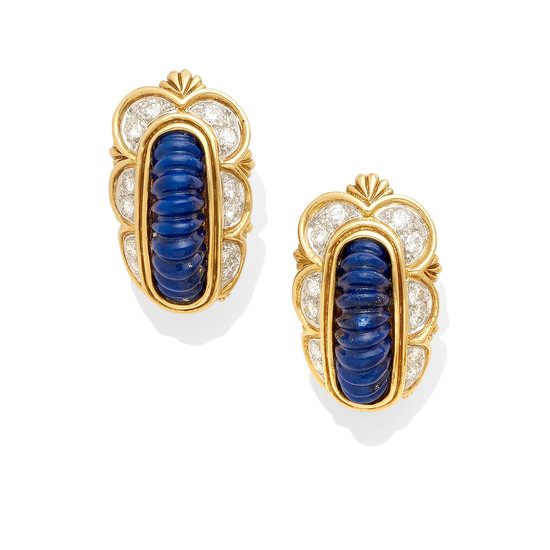 A pair of carved lapis lazuli and diamond ear clips