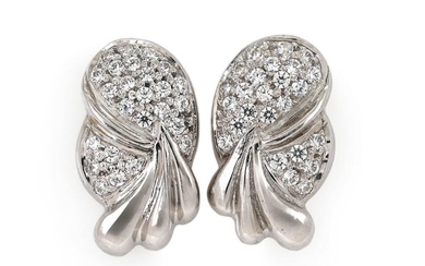 A pair of diamond ear studs each set with numerous brilliant-cut diamonds,...