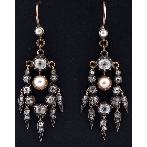 A pair of late 19th/early 20th century diamond and cultured ...