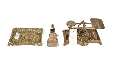 A set of 19th Century postal scales; a gilt Victorian letter clip; and a French brass ashtray