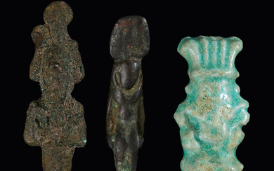 A set of 3 amulets, Egypt Ptolemeic-Roman period c. 305 BC-200 AD, in the form of Bez, in faience and Osiris and Isis in bronze.