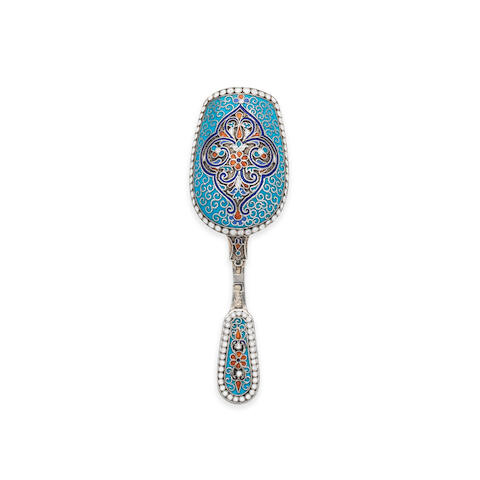 A silver and cloisonné caddy spoon bearing pseudo Russian marks