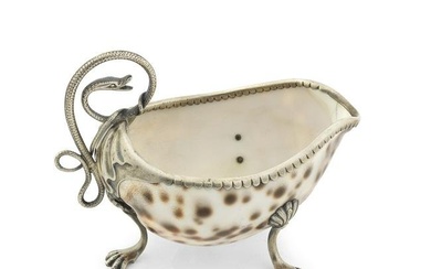 A silver mounted cowrie shell sauce boat unmarked, probably George III circa 1760