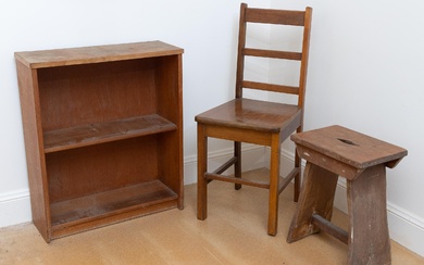 A small group of furniture to include a vintage pine stool, a small veneered bookcase and a chair.