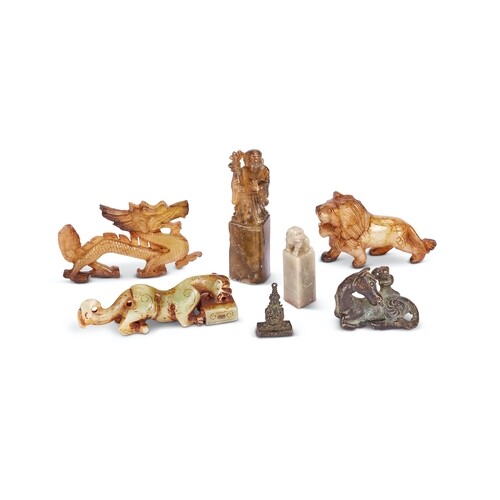 A small group of small Chinese jade, hardstone and bronze ob...