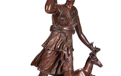 AFTER THE ANTIQUE, A LARGE BRONZE FIGURAL GROUP OF DIANA OF VERSAILLES CAST BY FERDINAND BARBEDIENNE
