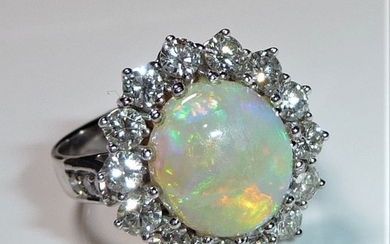 AIG-Zertifikat - 18 kt. White gold - Gala Ring - 4.01 ct Full opal Australia + 1.76 ct. diamonds