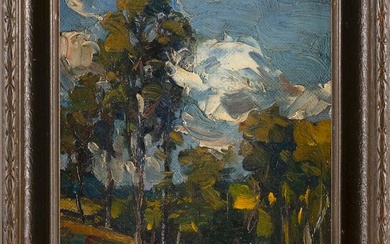 AMERICAN SCHOOL (Early 20th Century,), Landscape with a snow-capped mountain., Oil on board, 10.5" x