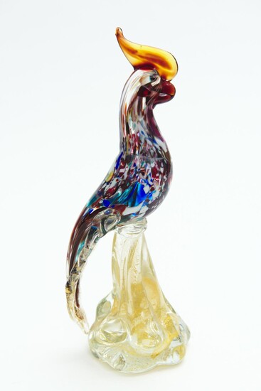 AN ART GLASS BIRD, MULTICOLOURED WITH GOLD FOIL INCLUSIONS, POSSIBLY MURANO, 31 CM HIGH, LEONARD JOEL LOCAL DELIVERY SIZE: SMALL