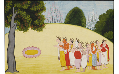 AN ILLUSTRATION FROM A MARKANDEYA PURANA SERIES: THE GODS INVOKE DEVI INDIA, PUNJAB HILLS, GULER, CIRCA 1780