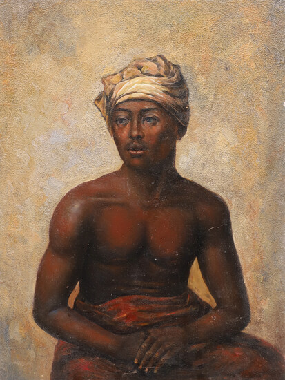 AN OIL ON BOARD OF A YOUNG AFRICAN MAN.