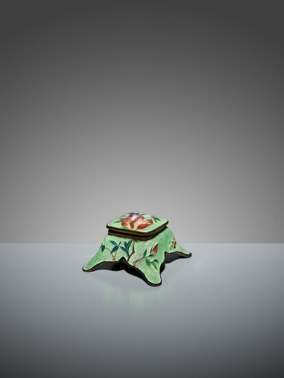 AN UNUSUAL GINBARI CLOISONNÉ ENAMEL INKWELL AND COVER WITH IRIS AND BUTTERFLIES