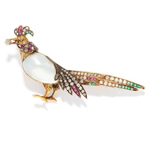 ANTIQUE PEARL, RUBY, EMERALD AND DIAMOND NOVELTY BIRD