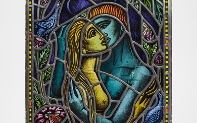 Adam and Eve in the Garden of Eden Stained Glass Window Panel, Sadie McLellan (Scottish, 1914-2007), mid-20th century