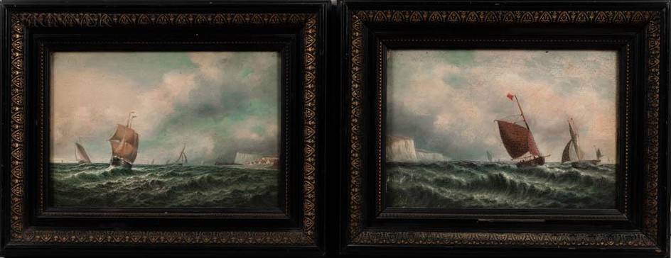 American/European School, 19th Century Two Maritime Paintings of Ships by the Coast. White Sails