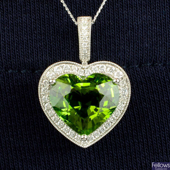 An 18ct gold heart-shape green tourmaline and diamond pendant, with chain.