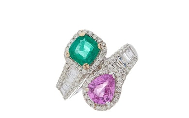 An 18ct gold pink sapphire, emerald and diamond crossover dr...