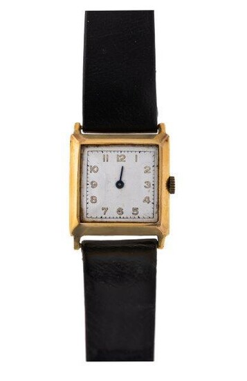 An 18ct gold wristwatch, by IWC, the off white square dial with Arabic luminous numerals and blued steel hands, (one hand deficient) the 17 jewelled lever movement adjusted to three positions, signed International Watch Co, London import marks...