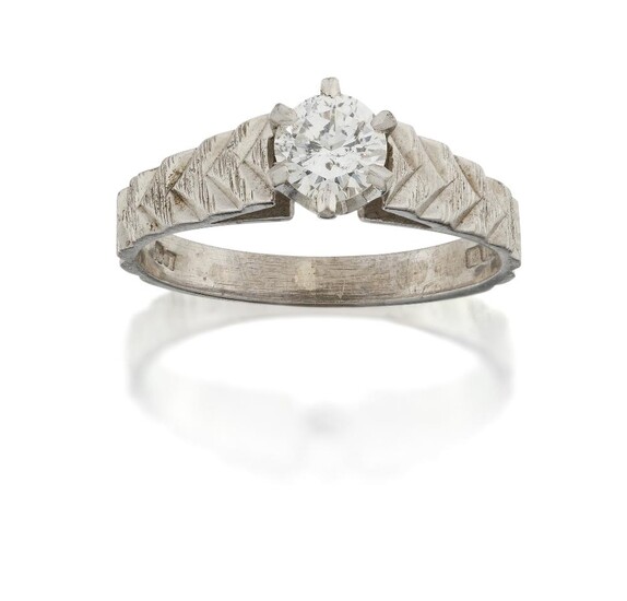 An 18ct white gold, diamond single stone ring, the brilliant-cut diamond weighing approximately 0.50 carats to a textured chevron-design hoop, approx. ring size M½